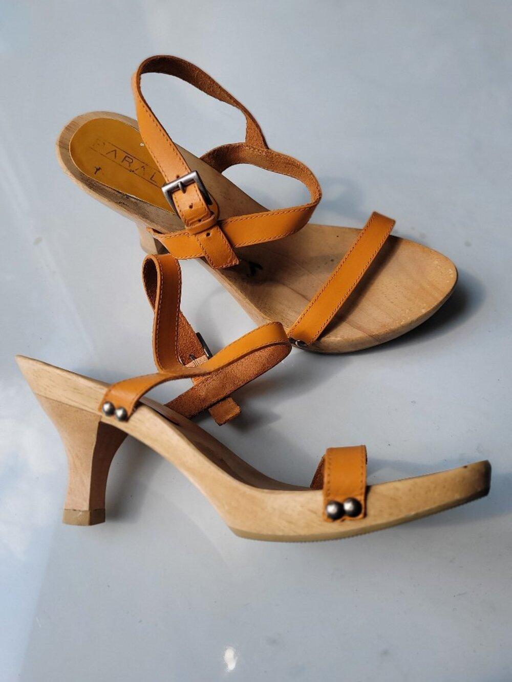 Paralelo By GVD Wood Sole 70s Orange Leather Studded Shoes Size EU 37